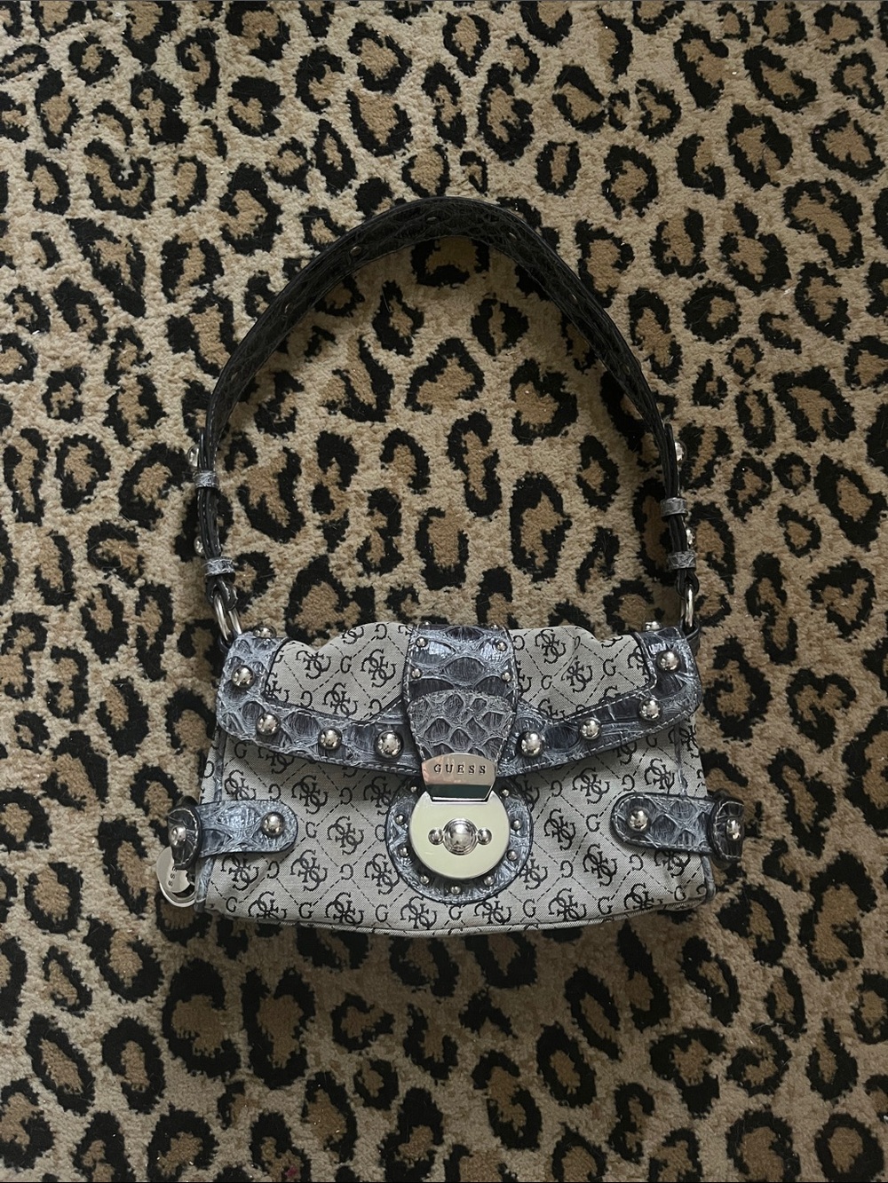 Y2K GUESS Blue Logo-Print Shoulder Bag with Silver Stud Accents